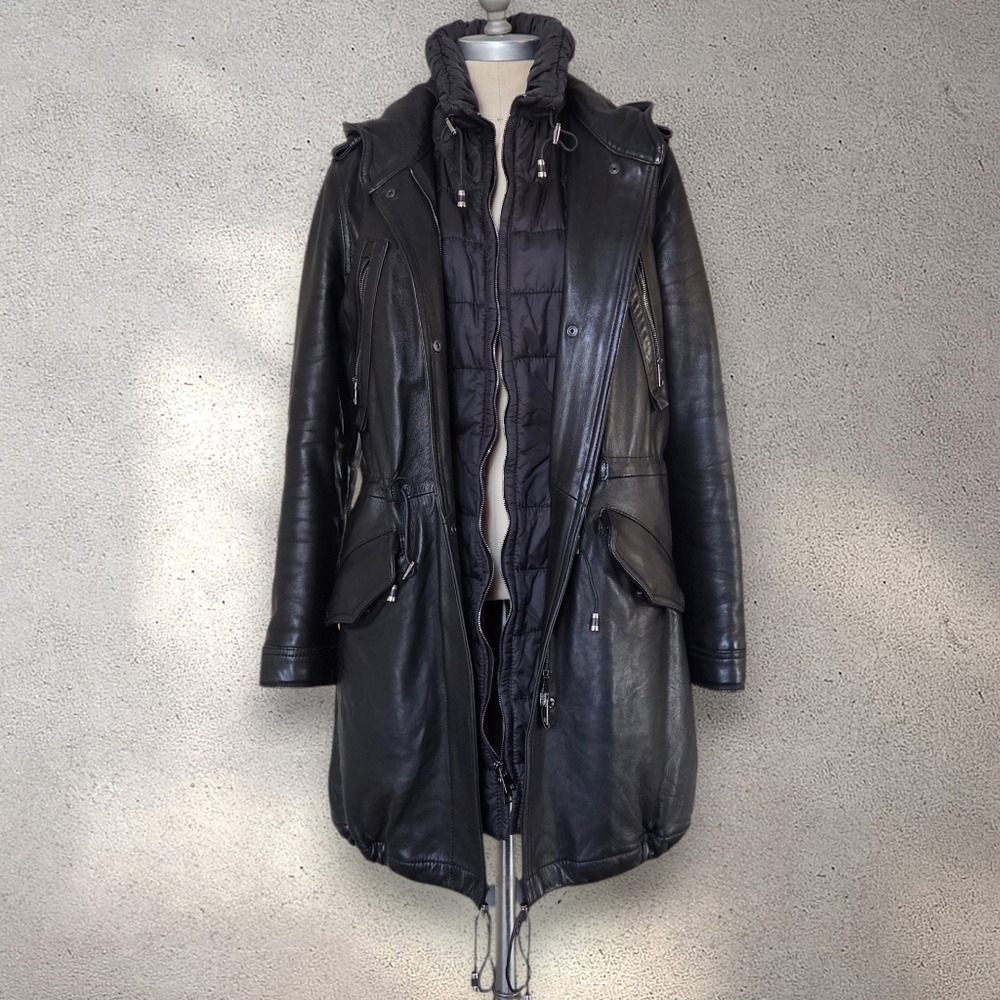 Elaine Kim Contemporary Genuine Italian Lamb Leather Hooded Parka Jacket Coat